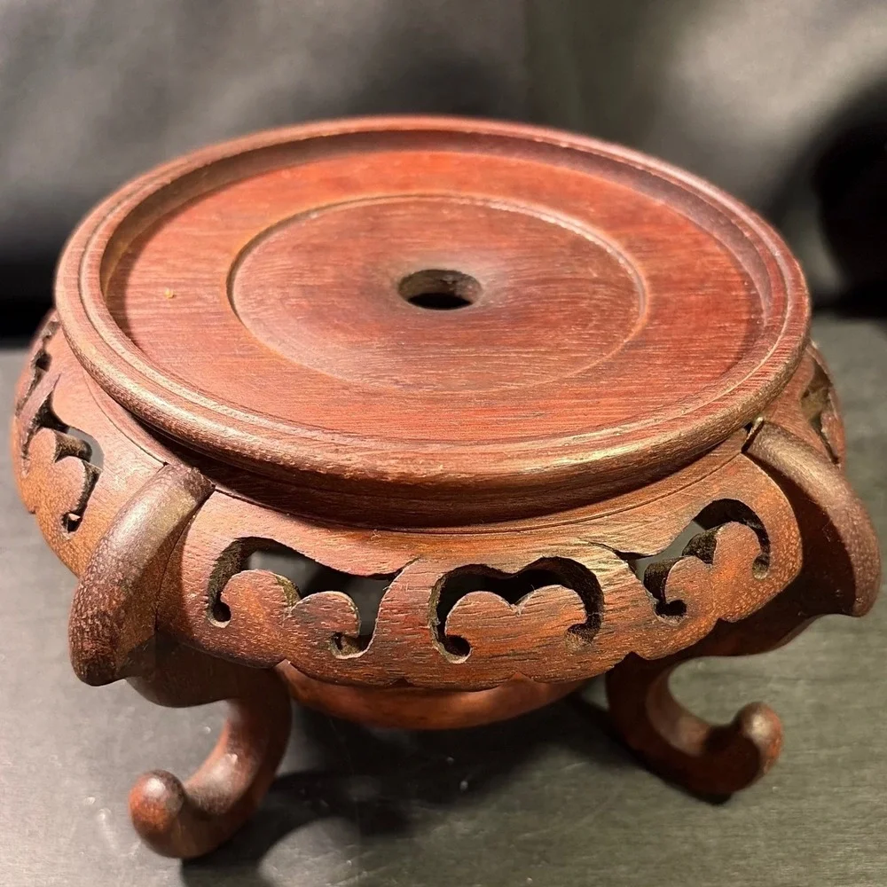 Vintage Carved Wood Pedestal Stand Ornate Asian Style Vase Riser 4.5 Inch